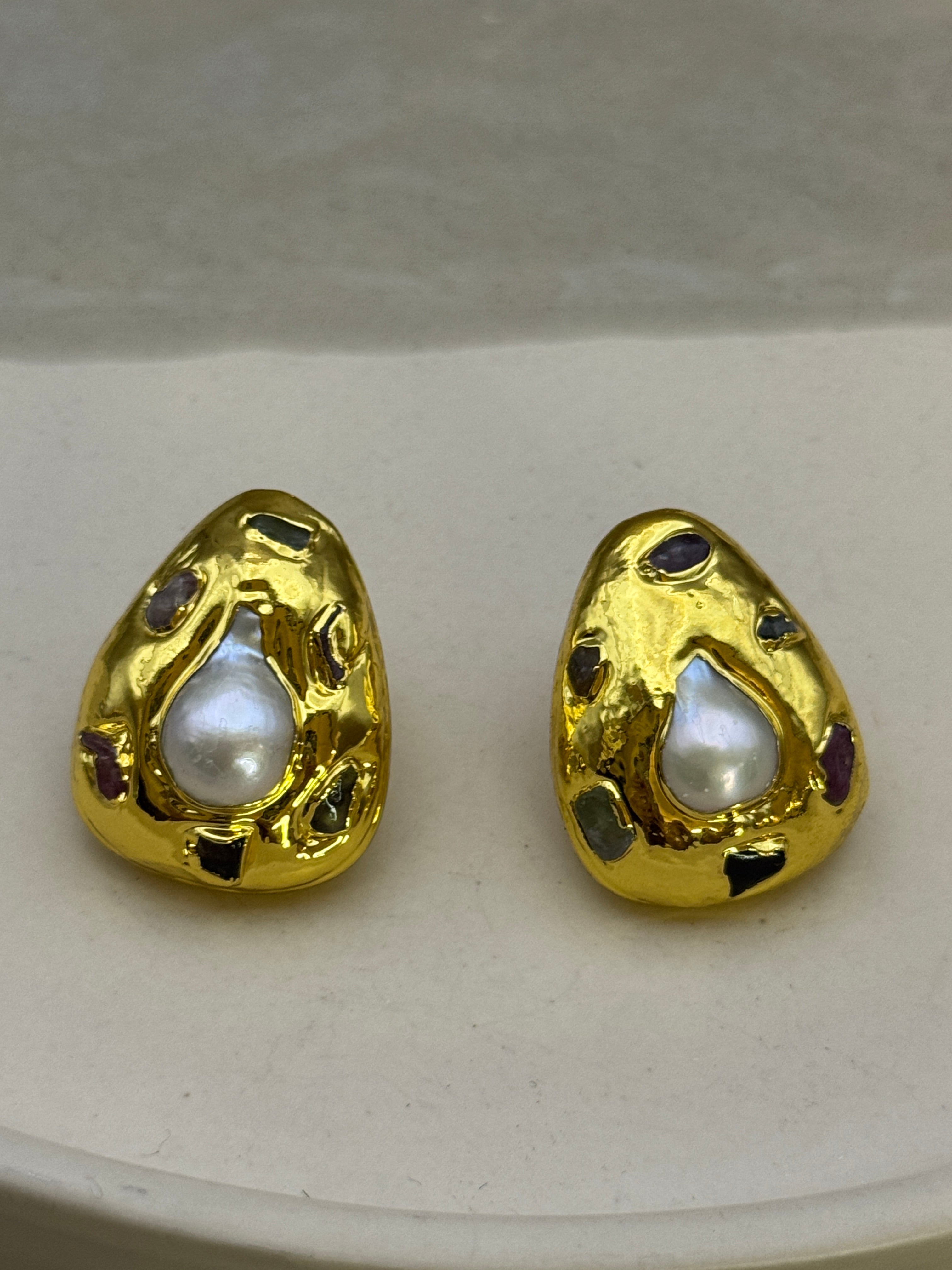 Golden Pearl Mosaic Stud Earrings