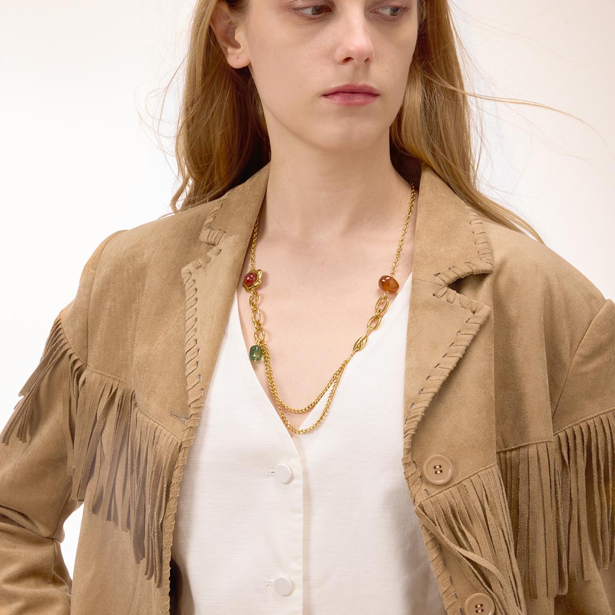 Layered Gold Stainless Steel Necklace with Natural Stone