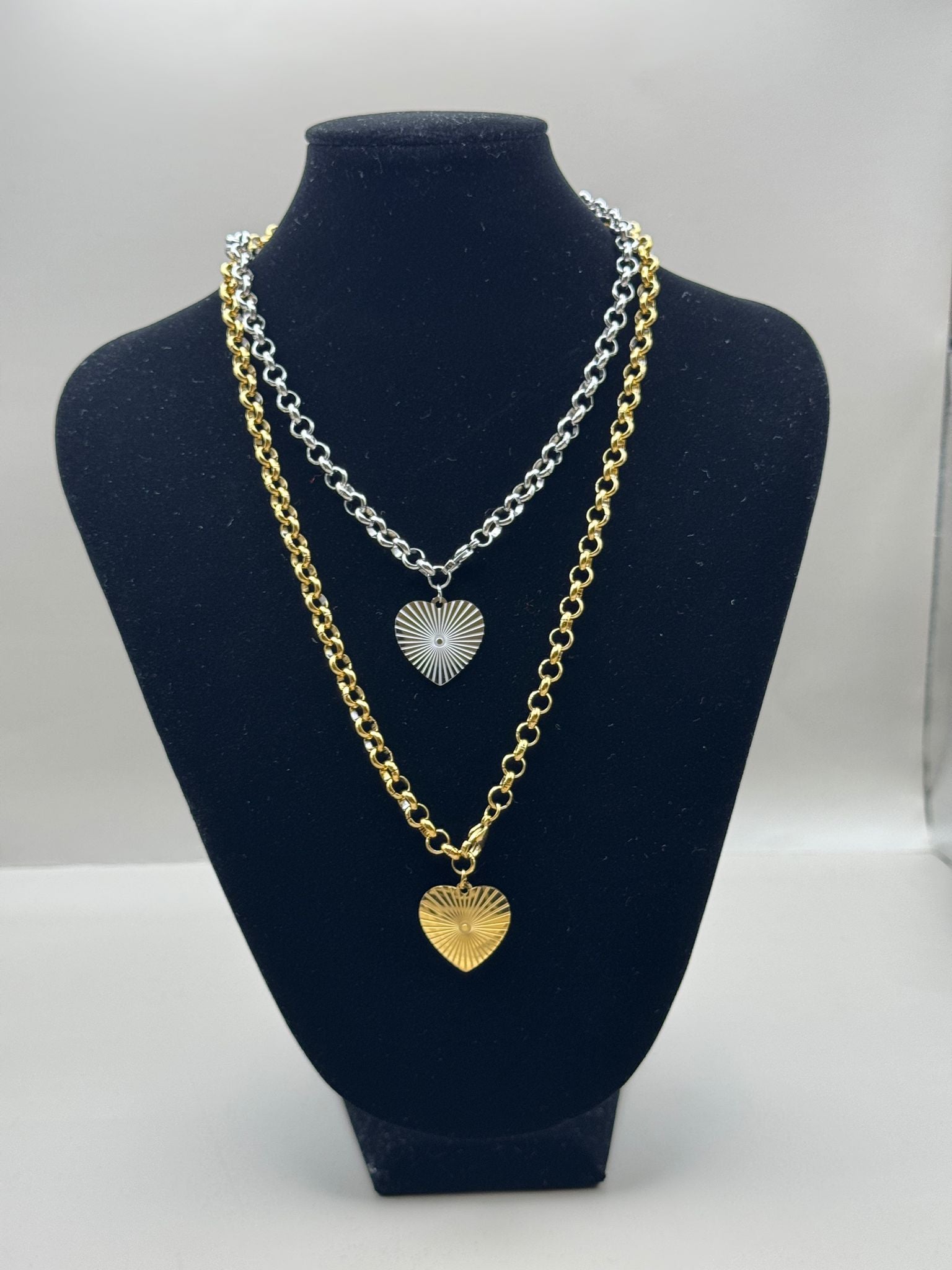 Textured Heart Pendant Necklace – Gold & Steel
