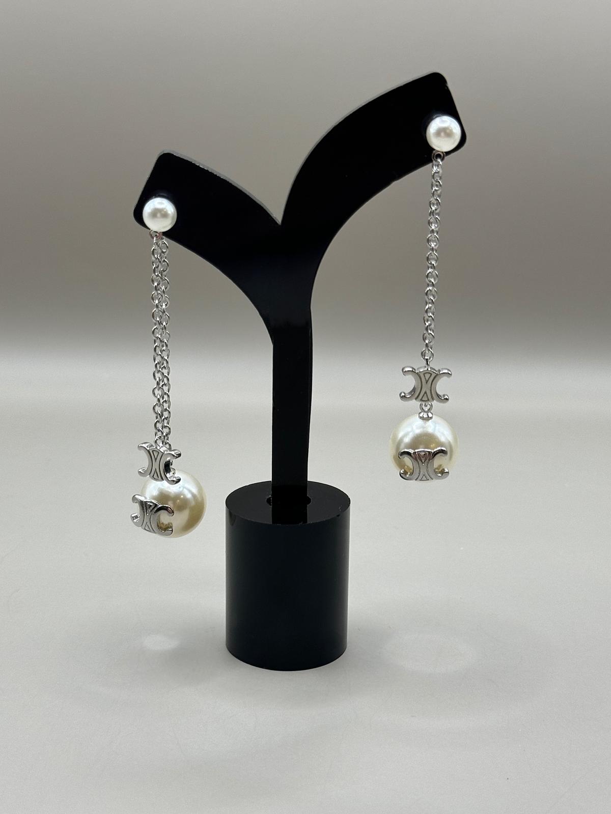 Pearl Chain Drop Logo Earrings
